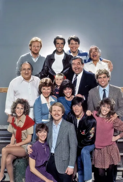 Framed Print : HAPPY DAYS, top from left: Don Most, Henry Winkler, Anson Williams, Pat Morita; middle: Al Molinaro, Marion Ross, Heather O'Rourke, Erin Moran, Tom Bosley