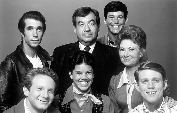 Framed Print : THE HAPPY DAYS REUNION SPECIAL, top row, from left: Henry Winkler, Tom Bosley, Anson Williams, Marion Ross, bottom row, from left: Donny Most, Erin Moran, Ron Howard Framed Print : THE HAPPY DAYS REUNION SPECIAL, top row, from left: Henry Winkler, Tom Bosley, Anson Williams, Marion Ross, bottom row, from left: Donny Most, Erin Moran, Ron Howard