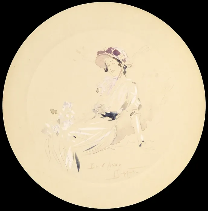 Framed Print : Happy New Year!, by Pietro Scoppetta, 1900, 20th Century, watercolor on paper - Private collection. Whole artwork view. Round with a young girl sitting among the flowers
