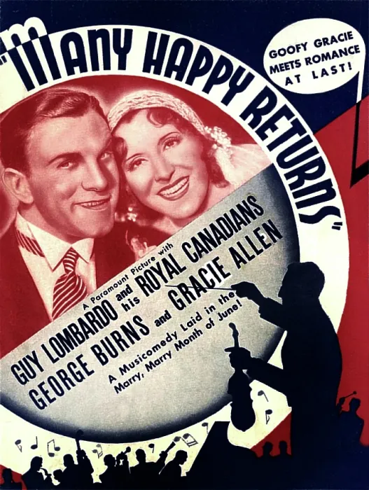 Framed Print : MANY HAPPY RETURNS, US ad art, from left: George Burns, Gracie Allen, Guy Lombardo, 1934 Framed Print : MANY HAPPY RETURNS, US ad art, from left: George Burns, Gracie Allen, Guy Lombardo, 1934