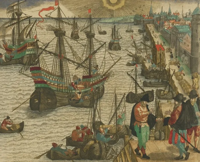 Framed Print : HARBOR SCENE AND DEPARTURE FROM LISBON, 1593, by Theodor de Bry. In lower right are three well-dressed men in discussion, likely the departure of the engravings title Framed Print : HARBOR SCENE AND DEPARTURE FROM LISBON, 1593, by Theodor de Bry. In lower right are three well-dressed men in discussion, likely the departure of the engravings title