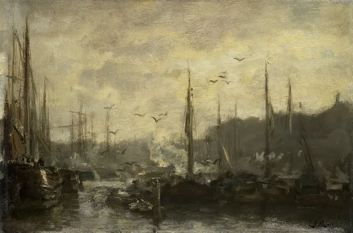 Framed Print : Harbor View, by Jacob Maris, c. 1887, Dutch painting, oil on canvas. Gulls fly over the masts of moored boats (BSLOC_2016_2_44)