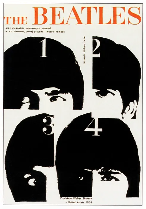 Framed Print : A HARD DAY'S NIGHT, The Beatles-clockwise from top left: John Lennon, George Harrison, Ringo Starr, Paul McCartney on Polish poster art, 1964