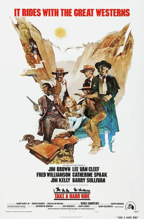 Framed Print : TAKE A HARD RIDE, US poster, from left: Jim Brown, Fred Williamson, Catherine Spaak, Jim Kelly, Lee Van Cleef, Barry Sullivan, 1975, TM and Copyright 20th Century Fox Film Corp