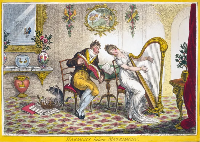 Framed Print : Harmony before Matrimony. A young woman and a fashionably dressed young man singing a duet Framed Print : Harmony before Matrimony. A young woman and a fashionably dressed young man singing a duet