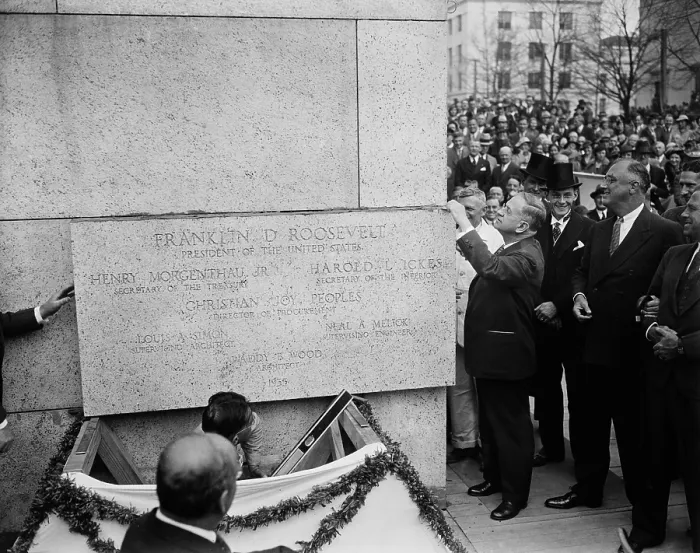Framed Print : Harold Ickes, Interior Secretary, lays cornerstone of building as FDR watches. 1936. Ickes holds the trowel George Washington used for the U.S. Capitol in 1793. (BSLOC_2013_6_155)