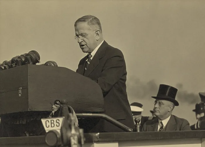 Framed Print : Harold L. Ickes, at the lectern with President Roosevelt seated behind, Oct. 5, 1937 Framed Print : Harold L. Ickes, at the lectern with President Roosevelt seated behind, Oct. 5, 1937