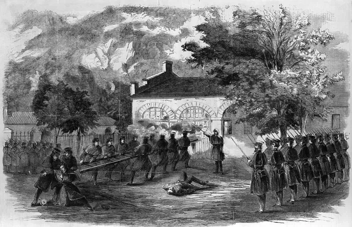Framed Print : Harper's Ferry. The U.S. Marines storming the engine house--Insurgents firing through holes in the doors. Woodcut, ca 1859 Framed Print : Harper's Ferry. The U.S. Marines storming the engine house--Insurgents firing through holes in the doors. Woodcut, ca 1859