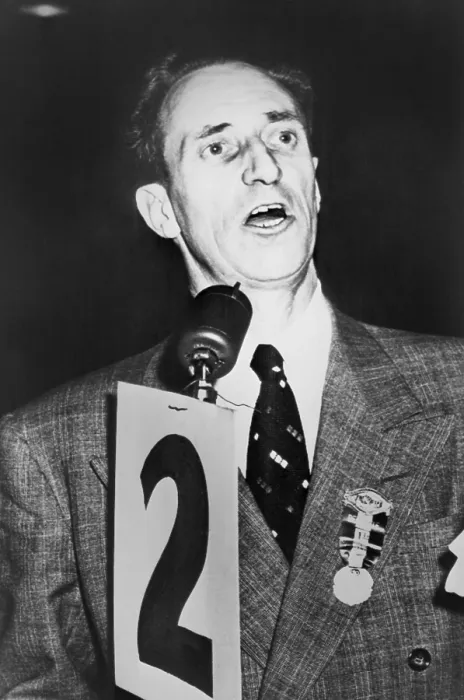 Framed Print : Harry Bridges addressing a stop-work meeting of Longshoremen's union in San Francisco in 1952. Bridges was an Australian-American leftist union leader who was harassed by U.S Framed Print : Harry Bridges addressing a stop-work meeting of Longshoremen's union in San Francisco in 1952. Bridges was an Australian-American leftist union leader who was harassed by U.S