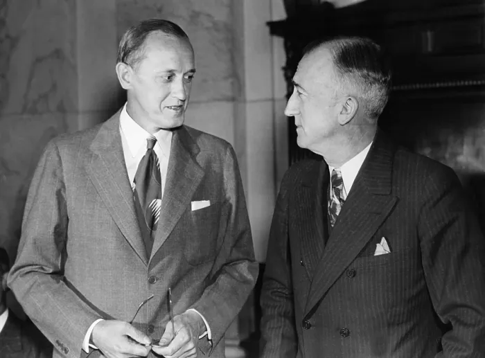 Framed Print : Harry Hopkins, with Sen. James Byrnes, of Senate Unemployment and Relief Committee. April 8, 1938. Hopkins, WPA administrator, testified for expansion of Federal Works Projects
