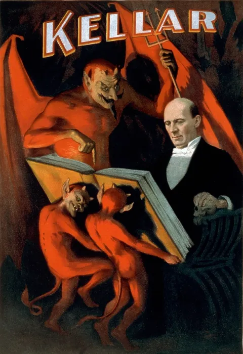 Framed Print : Harry Kellar (1849-1922), premier American magician of his time and admired by Harry Houdini, in theatrical poster with demons. 1894