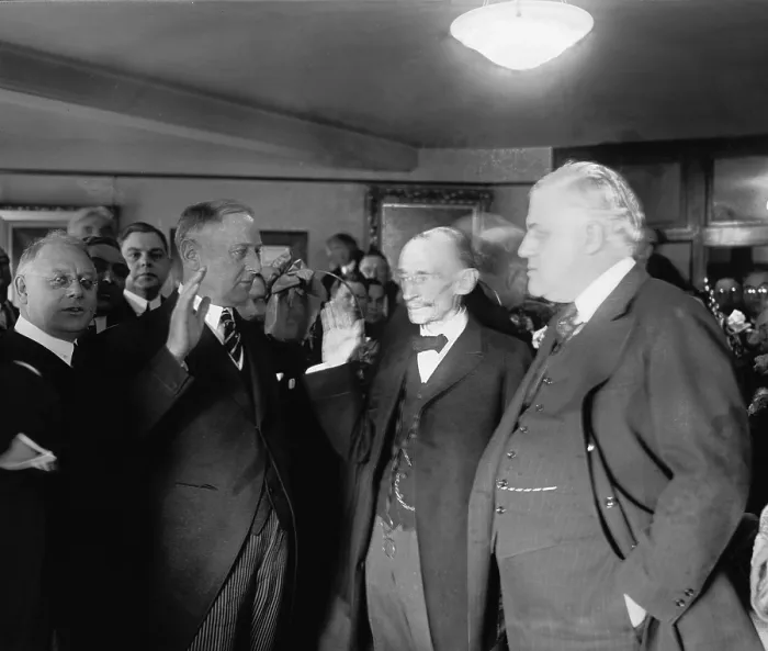 Framed Print : Harry M. Daugherty (1860-1941 ), at left, being sworn in as Attorney General, the day following Warren G. Harding's inauguration, March 5, 1921