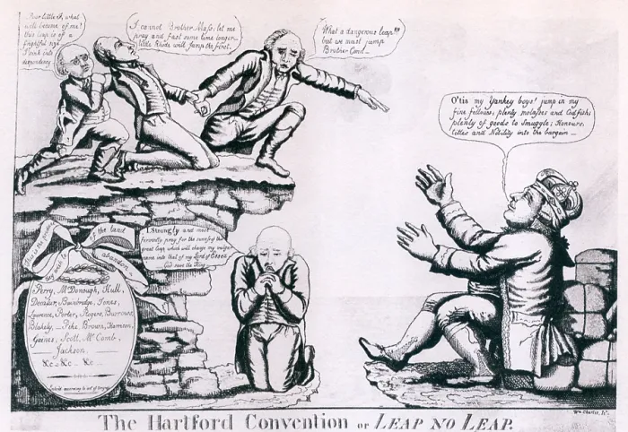 Framed Print : The Hartford Convention. Political cartoon shows three New England states on the ledge plotting to jump into the arms King George III Framed Print : The Hartford Convention. Political cartoon shows three New England states on the ledge plotting to jump into the arms King George III