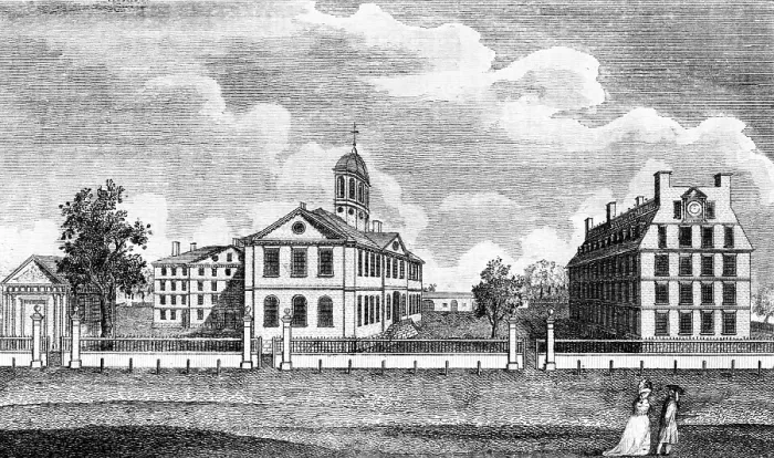 Framed Print : Harvard College, ca. 1767. From left are Holden Chapel, Hollis Hall, Harvard Hall, Stoughton Hall, and Massachusetts Hall
