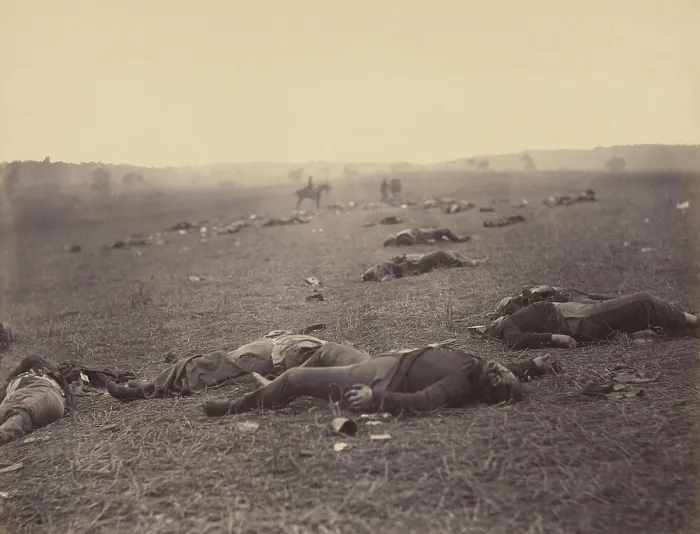 Framed Print : A HARVEST OF DEATH, GETTYSBURG, PENNSYLVANIA, by photograph exposed by Timothy H. O'Sullivan on July 4, 1863 and later printed by Alexander Gardner