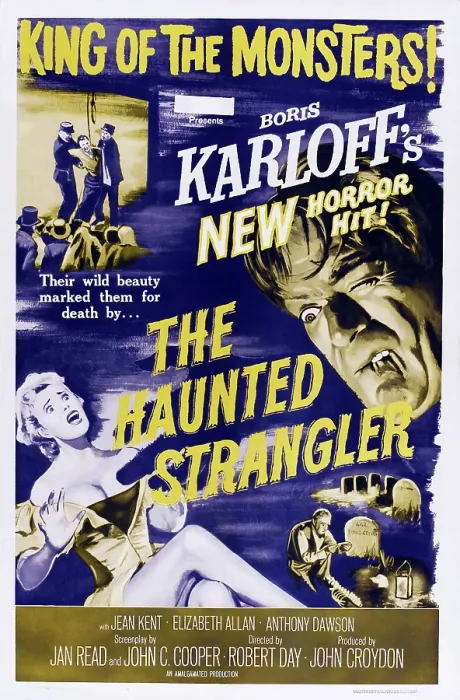 Framed Print : THE HAUNTED STRANGLER, (aka GRIP OF THE STRANGLER), US poster art, Boris Karloff (top right), Vera Day (bottom left), 1958