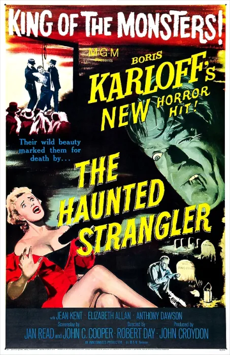 Framed Print : THE HAUNTED STRANGLER, (aka GRIP OF THE STRANGLER), US poster, Boris Karloff (top right), Vera Day (bottom left), 1958 Framed Print : THE HAUNTED STRANGLER, (aka GRIP OF THE STRANGLER), US poster, Boris Karloff (top right), Vera Day (bottom left), 1958