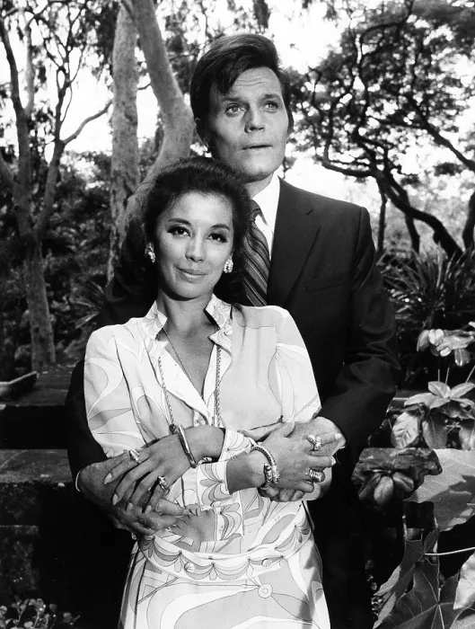 Framed Print : HAWAII FIVE-O, from left: France Nuyen, Jack Lord, Highest Castle, Deepest Grave, season 4, ep. 1, aired 9 / 14 / 1971, 1968-1980