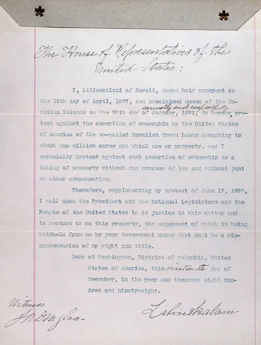 Framed Print : Hawaii. Letter from Liliuokalani, Queen of Hawaii to U.S. House of Representatives protesting U.S. assertion of ownership of Hawaii, December 19, 1898