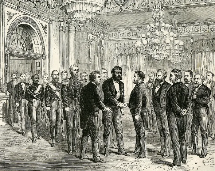 Framed Print : Hawaiian King Kalakaua greeted by President Grant in the Blue Room of the White House