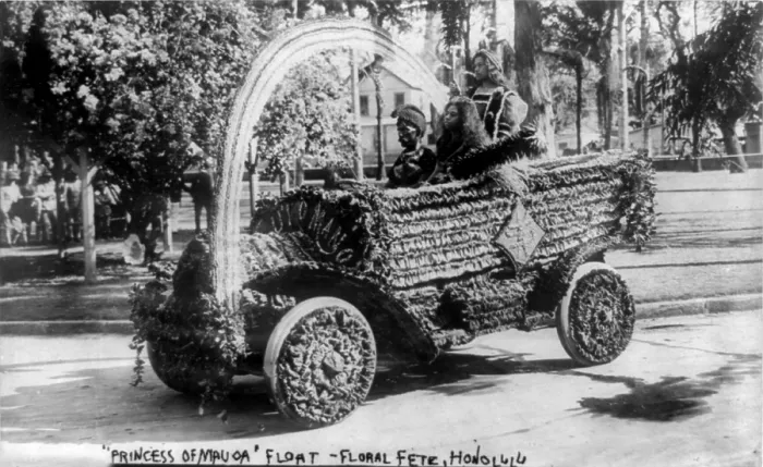 Framed Print : Three Hawaiians in car used as a float in flower festival parade, Princess of Mauoa float, floral fete, Honolulu, photograph, March 18, 1909