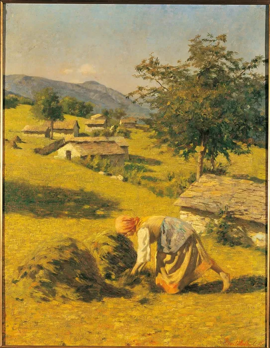 Framed Print : Hay Harvesting, by Cesare Bertolotti, Unknown, oil on canvas, cm 82 x 65 - Italy, Lombardy, Brescia, Credito Agrario Bresciano. All harvesting hay yellow green light blue azure