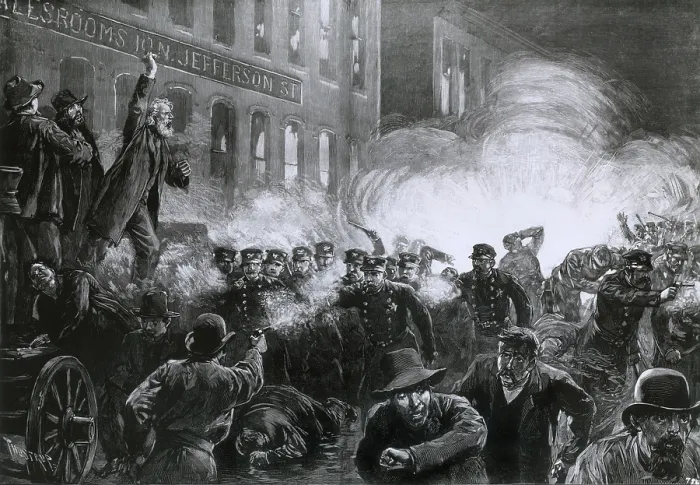 Framed Print : The Haymarket Riot, May 4, 1886, Chicago. Beginning as a strike rally, an unknown person threw a dynamite bomb that killed eight police and a number of civilians Framed Print : The Haymarket Riot, May 4, 1886, Chicago. Beginning as a strike rally, an unknown person threw a dynamite bomb that killed eight police and a number of civilians