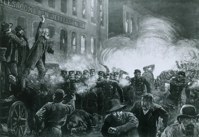 Framed Print : The Haymarket Riot, May 4, 1886, Chicago. Beginning as a strike rally, an unknown person threw a dynamite bomb that killed eight police and several civilians Framed Print : The Haymarket Riot, May 4, 1886, Chicago. Beginning as a strike rally, an unknown person threw a dynamite bomb that killed eight police and several civilians