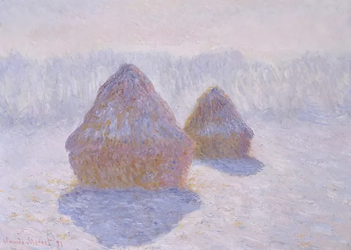 Framed Print : Haystacks (Effect of Snow and Sun), by Claude Monet, 1891, French impressionist oil painting