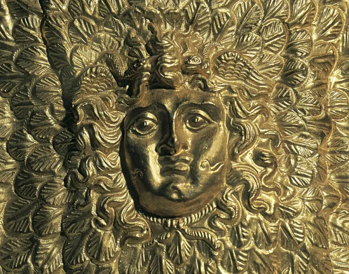 Framed Print : Head of Medusa. Repouss on golden sheet. Jewelry. EGYPT. Cairo. Egyptian Museum. Proc: EGYPT. Alexandria. AISA / Everett Collection**US SALES ONLY**