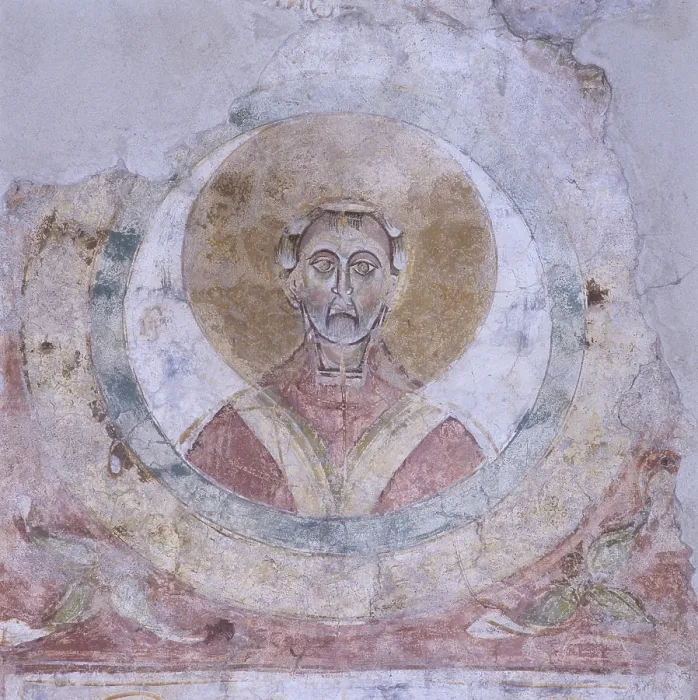 Framed Print : Head of a Saint in a Circle, by Unknown Artist, 11th Century, fresco - Italy, Lombardy, Milan, St. Ambrose Cathedral. Detail