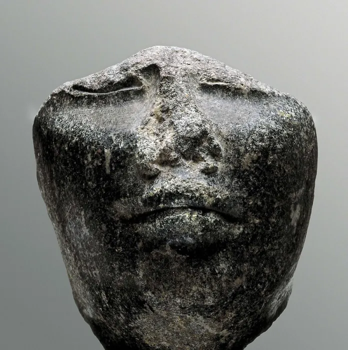 Framed Print : Head of a sculpture. 6th c. - 3rd c. BC. Egyptian art. New Kingdom. Sculpture on rock. SPAIN. Madrid. National Museum of Archaeology. Proc: EGYPT. Heracleopolis Magna