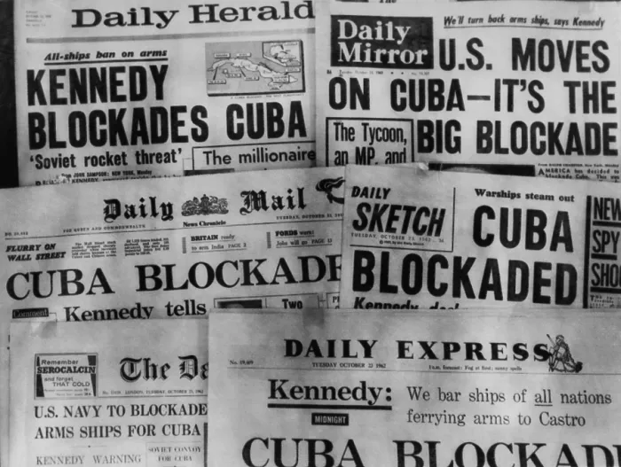 Framed Print : Headline of Britain's daily newspapers announcing President Kennedy's blockade of Cuba. Oct. 23, 1962. (BSLOC_2015_2_231)