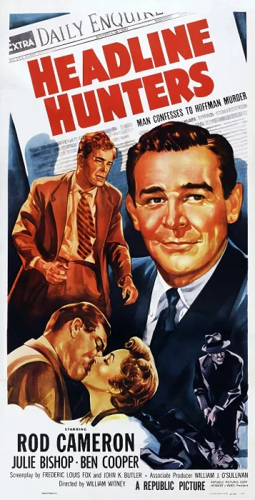 Framed Print : HEADLINE HUNTERS, US poster, Rod Cameron (rear right and left), kissing from left: Rod Cameron, Julie Bishop, 1955