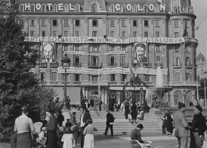 Framed Print : The headquarters of the PSUC (Catalan Communist Party) were in the Hotel Colon in Placa Cataluna. Building is draped with banners and slogans, and portraits of Stalin and Lenin Framed Print : The headquarters of the PSUC (Catalan Communist Party) were in the Hotel Colon in Placa Cataluna. Building is draped with banners and slogans, and portraits of Stalin and Lenin