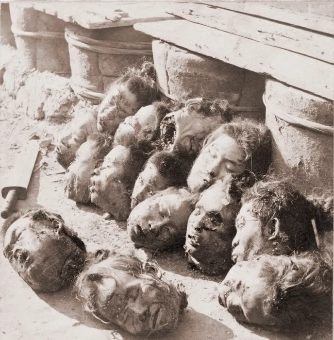 Framed Print : Heads of Chinese criminals scattered on the ground after their execution at Canton prison. Ca. 1901