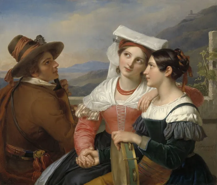 Framed Print : Of One Heart, by Cornelis Kruseman, 1830, Dutch painting, oil on canvas. Three young musicians in Italian folk costume are painted in the neoclassical style (BSLOC_2016_2_76) Framed Print : Of One Heart, by Cornelis Kruseman, 1830, Dutch painting, oil on canvas. Three young musicians in Italian folk costume are painted in the neoclassical style (BSLOC_2016_2_76)