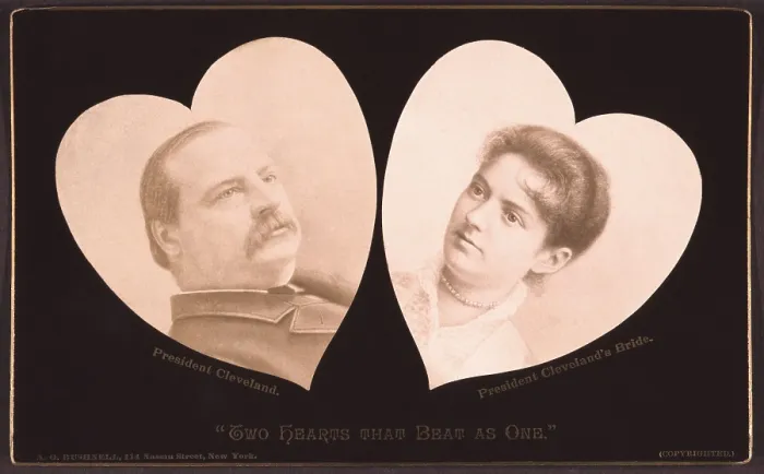 Framed Print : TWO HEARTS BEAT AS ONE. Portraits of President Grover Cleveland and his new young wife each inside heart shaped cut-outs. June 4, 1886 (BSLOC_2016_13_196.jpg ) Framed Print : TWO HEARTS BEAT AS ONE. Portraits of President Grover Cleveland and his new young wife each inside heart shaped cut-outs. June 4, 1886 (BSLOC_2016_13_196.jpg )