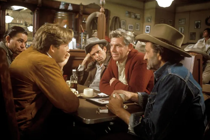 Framed Print : HEARTS OF THE WEST, seated left: Burton Gilliam, Jeff Bridges, seated right: Matt Clark, Andy Griffith, 1975