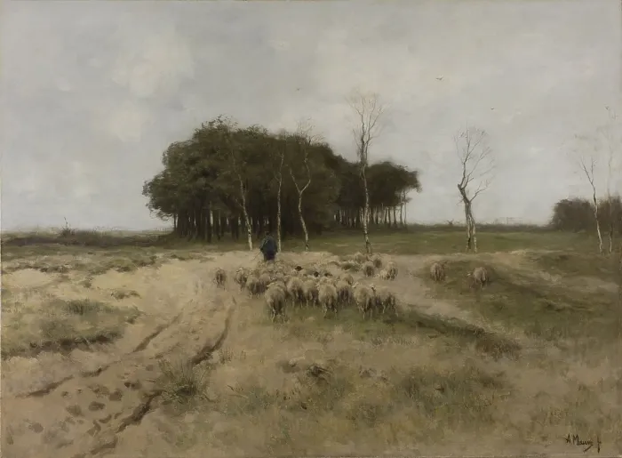 Framed Print : On the Heath Near Laren, by Anton Mauve, 1887, Dutch painting, oil on canvas. Larne was a village located in barren heathlands, with only the occasional tree and shrub