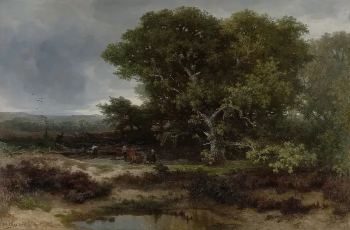 Framed Print : The Heath near Wolfheze, by Johannes Warnardus Bilders, 1866 Dutch painting, oil on canvas. Peasants gather around a fire under the full oak trees. (BSLOC_2016_1_175)