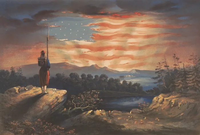Framed Print : OUR HEAVEN BORN BANNER, by William Bauly, reproduced in a 1861 lithograph. The image is based on Frederic Edwin Church's small oil painting Our Banner in the Sky Framed Print : OUR HEAVEN BORN BANNER, by William Bauly, reproduced in a 1861 lithograph. The image is based on Frederic Edwin Church's small oil painting Our Banner in the Sky