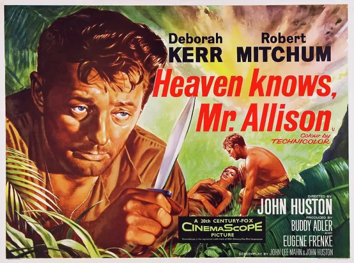 Framed Print : HEAVEN KNOWS, MR. ALLISON, l-r: Robert Mitchum, Deborah Kerr, Robert Mitchum on British poster art, 1957, TM and Copyright 20th Century Fox Film Corp