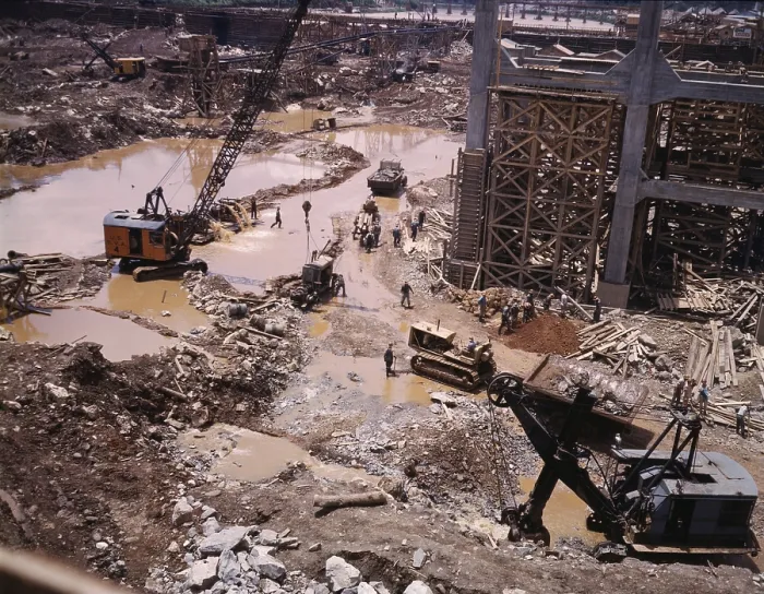 Framed Print : Heavy equipment in the mud of Tennessee Valley Authority's Douglas Dam construction