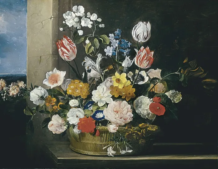 Framed Print : HECKE, Jan van den (1620-1684). Flowers in a Basket. 1650s - 1684. Flemish art. Oil on canvas. AUSTRIA. Vienna. Kunsthistorisches Museum Vienna (Museum of Art History)