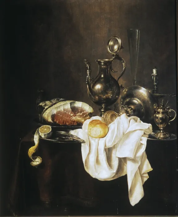 Framed Print : HEDA, Willem Claesz (1594-1680). Still Life of Ham and Silver Plate. 1649. Baroque art. Oil on canvas. RUSSIA. Moscow. Pushkin Museum of Fine Arts