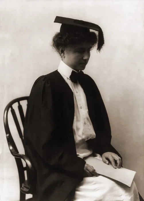 Framed Print : Helen Adams Keller (1880-1968), wearing academic cap and gown in 1904. Keller was blind and deaf, and her education broke barriers for the disabled