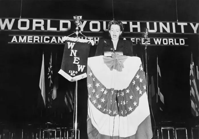 Framed Print : Helen Gahagan Douglas addressing the World Youth Rally in New York City, March 21, 1945. Douglas represented California in Congress from 1945-51