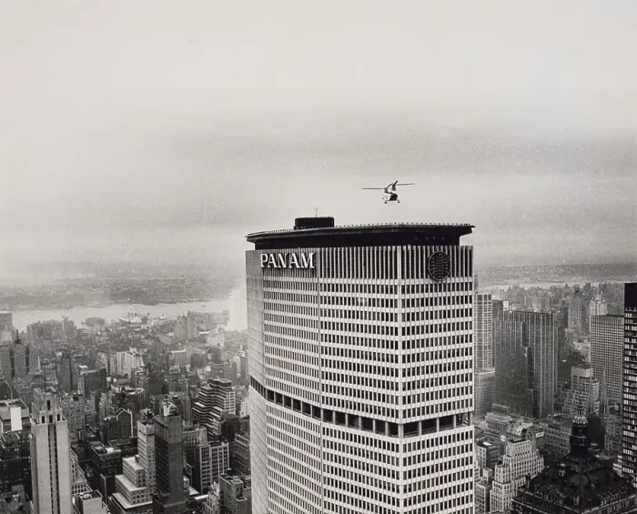 Framed Print : A helicopter test flight hovers over the rooftop heliport of the Pan Am Building in Manhattan, New York City, May 27, 1964