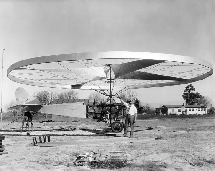 Framed Print : Helio-Gyro-Copter invented by Jesse D. Langdon. The propeller and its wide circular rim act both as a gyroscope and a rotor. It weighed 1659 pounds and had a 625-horsepower motor